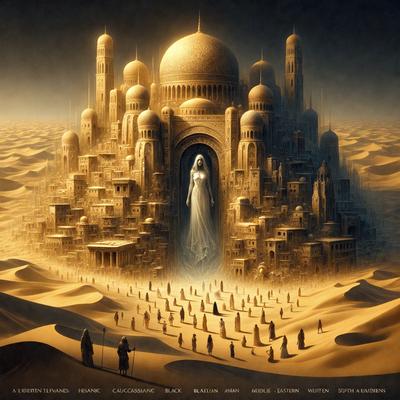 The primary subject of the image is a woman, who appears to be a ghost or a spirit, standing in front of a large, ornate building. The setting is a desert landscape, with sand and a few other people scattered around the area. The visual style of the image is digital art, with a vibrant color palette and intricate details. The overall atmosphere of the image is mysterious and captivating.